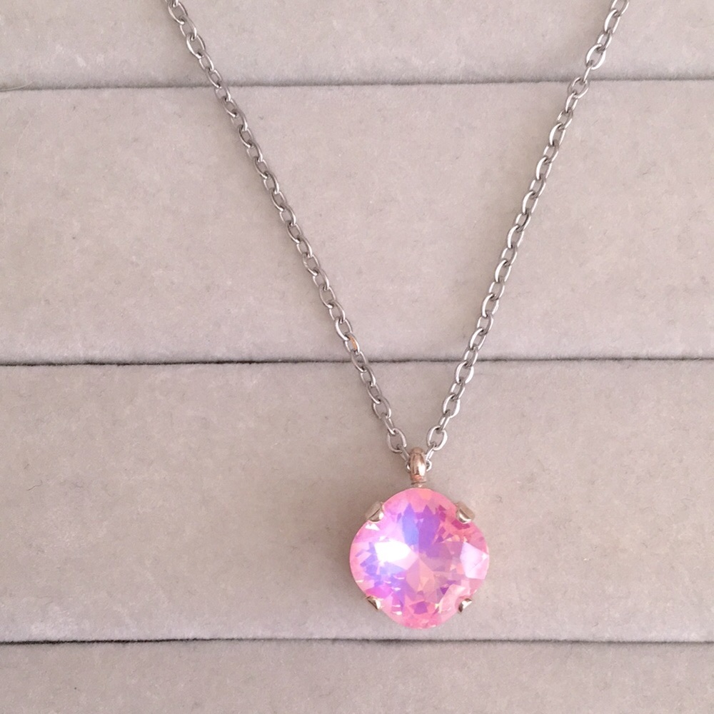 Pink Opal Aurora Borealis + Silver Cushion Cut Crystal Drop Pendant Necklace - Picture 6 of 7